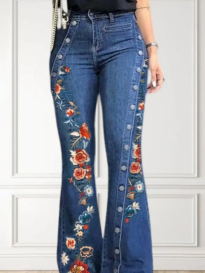 Women Fashion Plain Button Decor Flare Leg Long Denim Pants Floral Embroidery Ladies High Waist Skinny Bottom Wide Leg Jeans