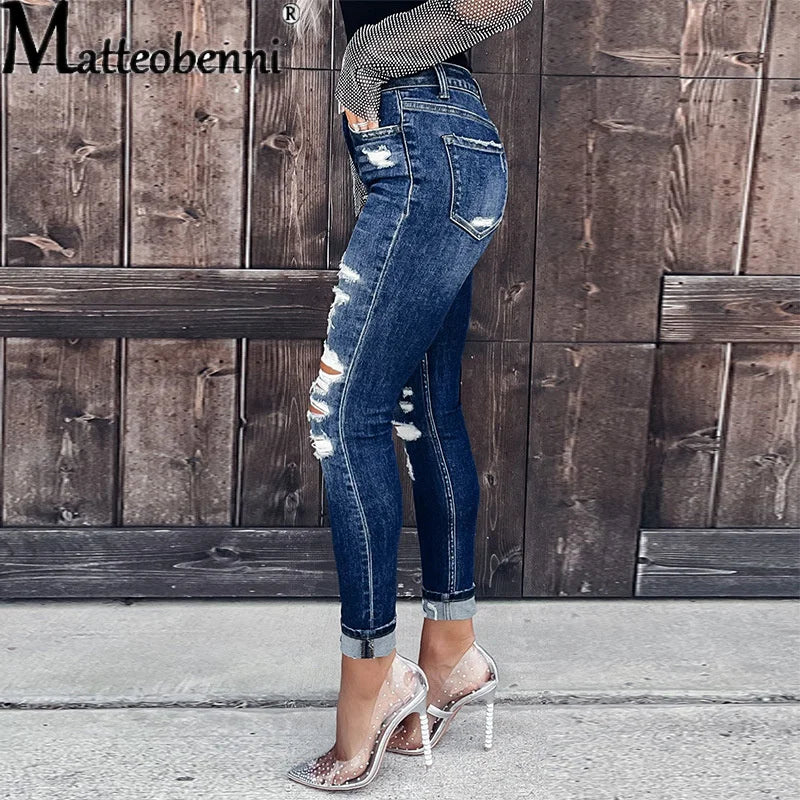 Women's Slim Fit Broken Holes Jeans Skinny Streetwear Vintage High Waist Tight Pencil Pants Ladies Casual Autumn Basic Trousers