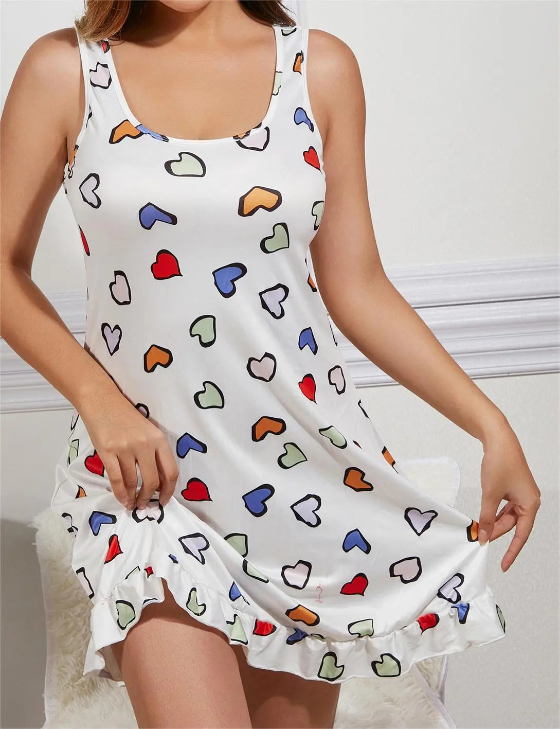 Summer Sexy Sleepwear Women Cotton Night Dress Heart Shaped Printing Nighties Nightgown Loose Nightdress Nightwear Homewear