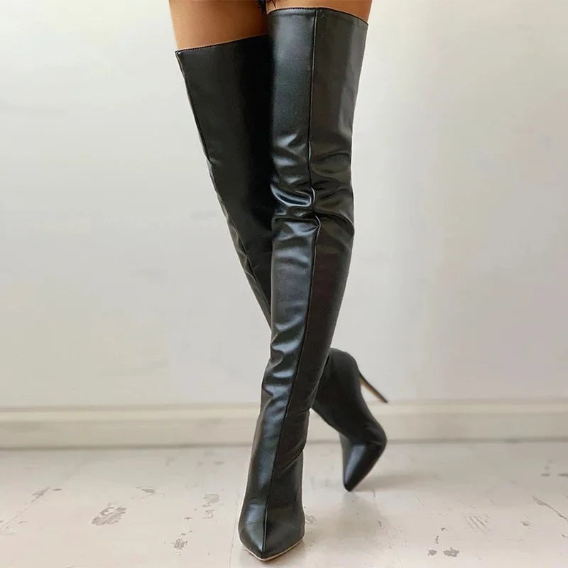 Bottes Sexy à talons hauts au dessus du genou pour femme, cuissardes noires, chaussures longues, grande taille, collection automne-hiver 2021