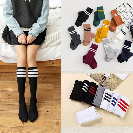 Chaussettes longues de Style coréen pour femmes, chaussettes chaudes en coton de mollet, chaussettes aux genoux à la mode pour dames, chaussettes hautes à rayures, chaussettes Lolita d'école pour filles