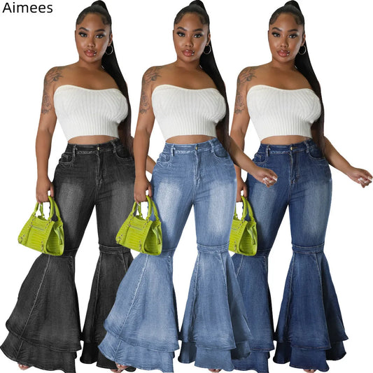 Mode tous les allumettes femme Flare jean lavé extensible cloche bas veste pour homme Sexy femmes jean Denim pantalon Streetwear