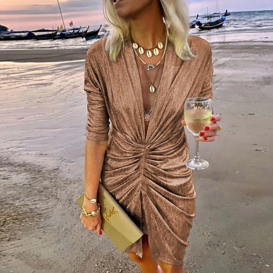 Lady Elegant Long Sleeve Club Glitter Mini Dress Sexy Deep V Neck Shiny Silk Party Dress Women Folds Pleated Bodycon Slit Dress