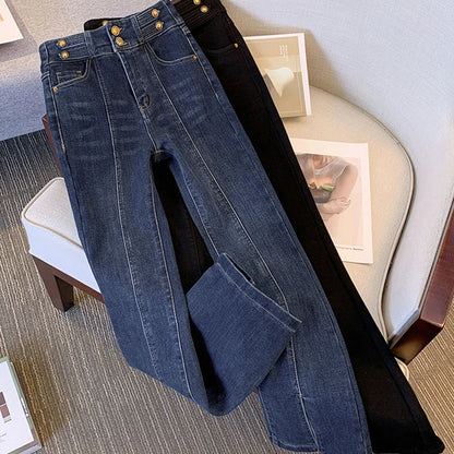 2023 เอวสูงหลายปุ่มโลหะแยก Flare ผู้หญิงกางเกงแฟชั่น Slim Chic DENIM กางเกงใหม่เกาหลีหลวมเสื้อผ้าผู้หญิง