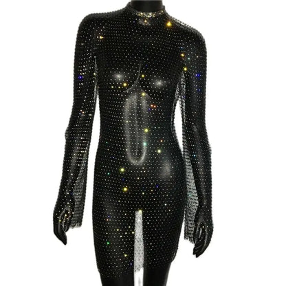 Mini robe en résille à strass scintillants pour femmes, Sexy, moulante, manches longues, en cristal, maille, été, plage, robes de fête d'anniversaire