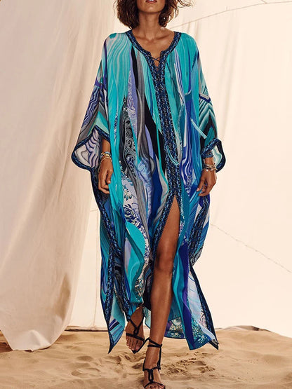 Plage ample couvrir Boho femmes robe noir imprimé vêtements de plage femmes décontracté robe ample paréo caftan robe Bikini couverture