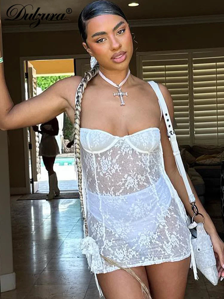 Dulzura – Mini robe en dentelle à franges pour femmes, dos nu, moulante, Sexy, transparente, transparente, tenues Y2K, Streetwear, fête, Club, été, 2023