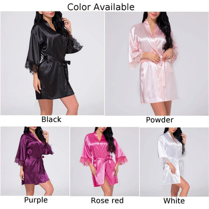 Women Sexy Lingerie Satin Robes Lace Nightdress Silk Bridesmaid Robes Nightdress Lady Kimono Bathrobe Gown Negligee