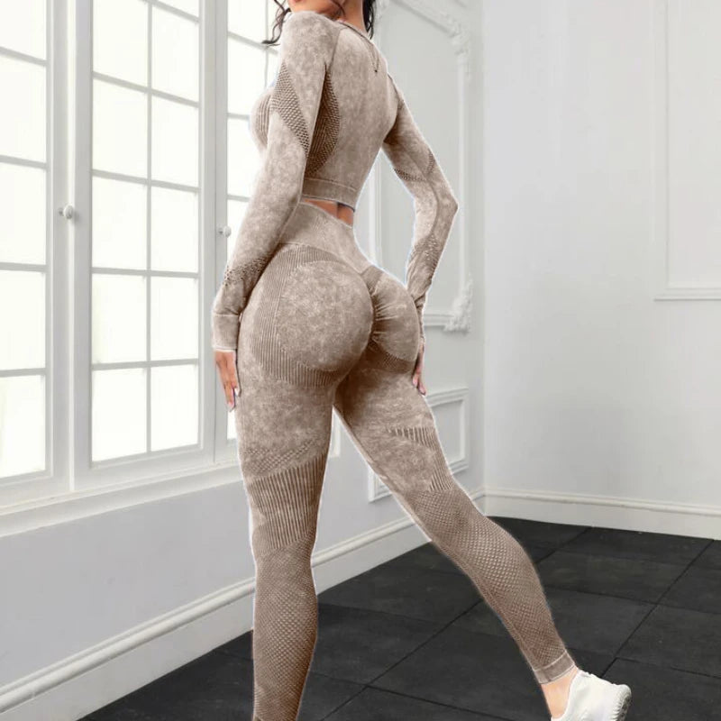 2 Piece Acid Wash Gym Set Women Seamless Long Sleeve Leggings Tracksuit Sports Fitness Suit Scrunch Workout Clothes Yoga Outfits