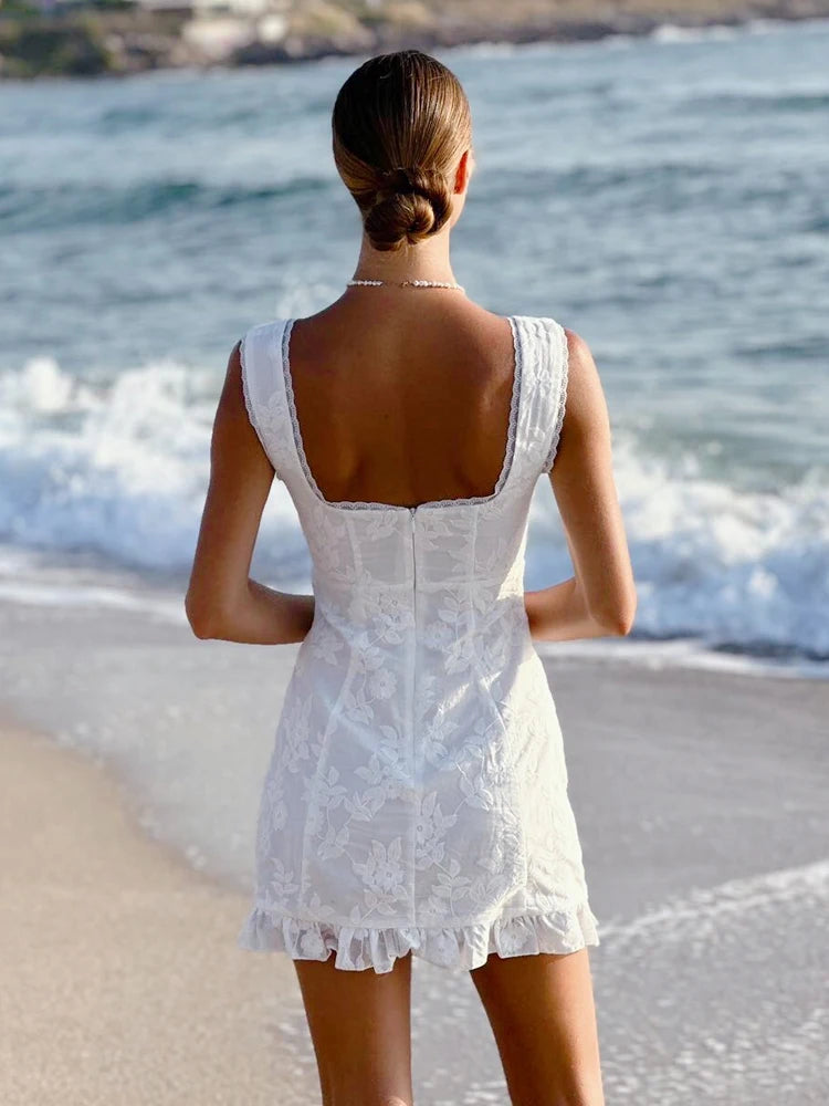 Suninheart – robe trapèze en dentelle blanche brodée pour femme, tenue Sexy, Mini à volants, tenue de soirée, de vacances, de haute qualité, nouvelle collection été 2023