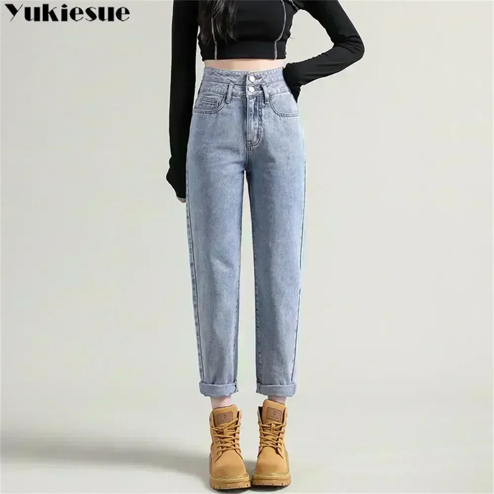 ฤดูหนาวใหม่ WARM DENIM Haren กางเกง FashionHarajuku Casual Thicken WARM High เอวกางเกงตรง Jean ขนแกะ VINTAGE ผู้หญิงกำมะหยี่