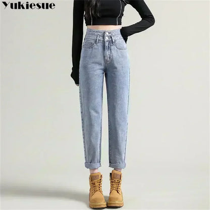 ฤดูหนาวใหม่ WARM DENIM Haren กางเกง FashionHarajuku Casual Thicken WARM High เอวกางเกงตรง Jean ขนแกะ VINTAGE ผู้หญิงกำมะหยี่