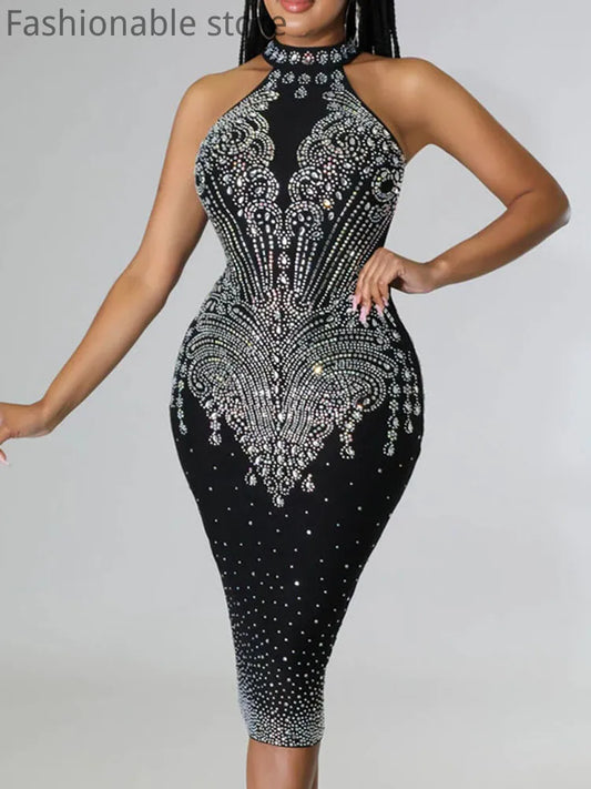 ผู้หญิงเซ็กซี่ Halter Rhinestone ตกแต่งชุดเข้ารูปกลับซิป Slim Night Club Vestido