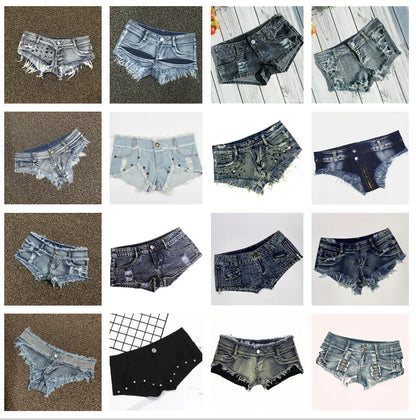 Women's Shorts Sexy Hole Rivet Low Waist Thong Denim Ultra Mini Short Female Bikini Jeans Feminino Nightclub