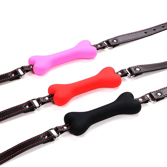 Sexy PU Leather Buckle Straps Silicone Dog Bone oral fixation Mouth Gag for couple Slave BDSM Toys adult games restraints  estim