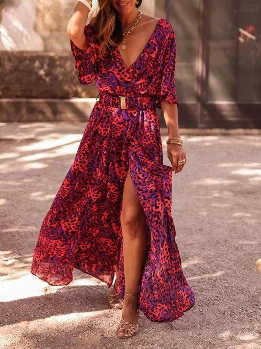 2023 Summer Women Sexy Party Evening Long Dress Formal Occasion Print Slim Slit Short-sleeved V Neck Boho Style Beach Vestidos