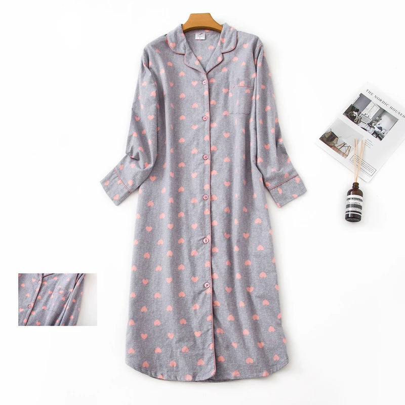 Ladies 100% Cotton Nightgown Plus Size Nightdress Long-sleeved Flannel Plaid Print Women Sleepwear Nightshirt Button UP Nightie