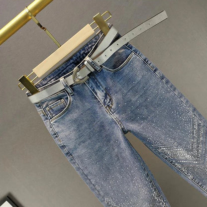 Ladies Heavy Industry Rhinestone Skinny Jeans 2022 Spring Summer Elastic High Waist Thin Women Clothes Korean Fashion Nine Pants