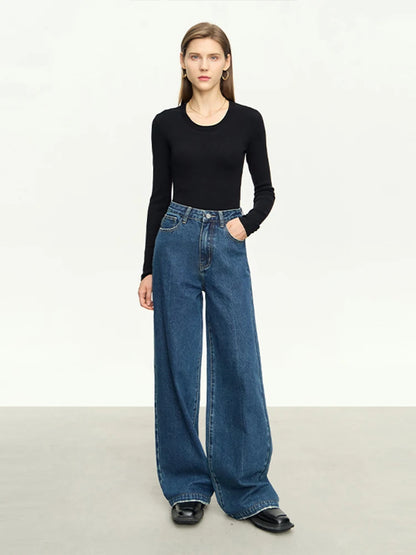 AMII Minimalism Hong Kong Style Women's Jeans 2023 Autumn New Retro Wide Leg Pants Washed Cotton Straight Trousers 12343162