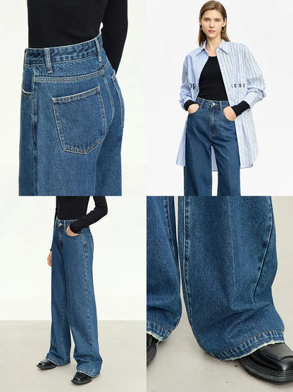 AMII Minimalism Hong Kong Style Women's Jeans 2023 Autumn New Retro Wide Leg Pants Washed Cotton Straight Trousers 12343162