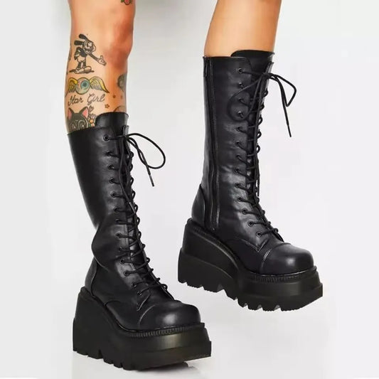 Punk Style Women Platform Boots Elastic Microfiber Chunky Heel Mid-calf Ladies Boots Autumn Winter Brand Black Wedge Woman Shoes