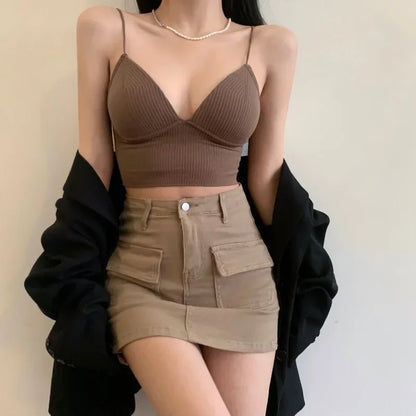 Ladies Camisole Slim Fit Sexy Stretch Push Up Bra with Chest Pads Knitted Crop Top Short Tube Top V-Neck Tops Bralette Hot Sale