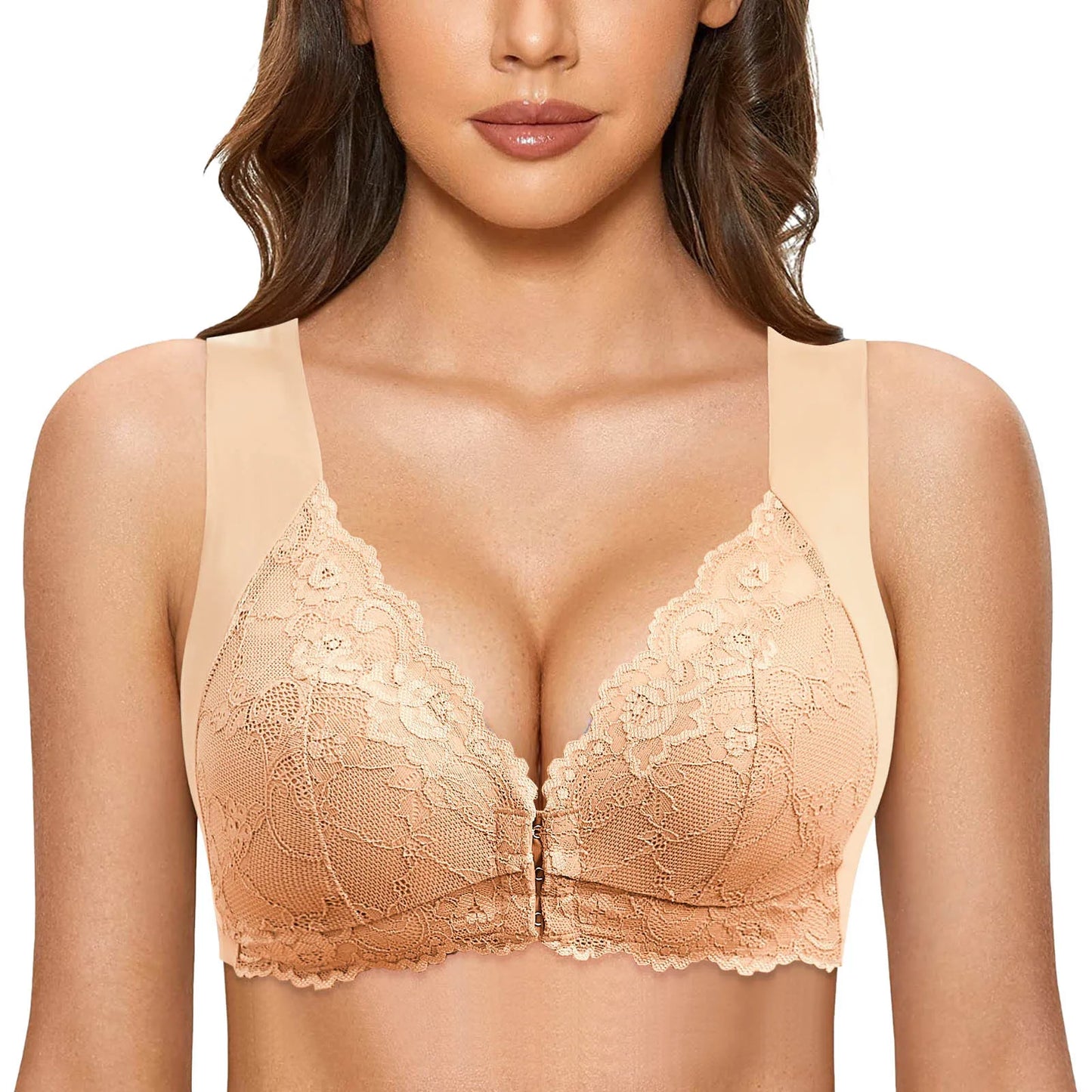 Soutien-gorge à fermeture frontale pour femmes, Lingerie sans anneau en acier, dos en T, sans couture, sans doublure, pour grand buste, soutien-gorge de sport bas