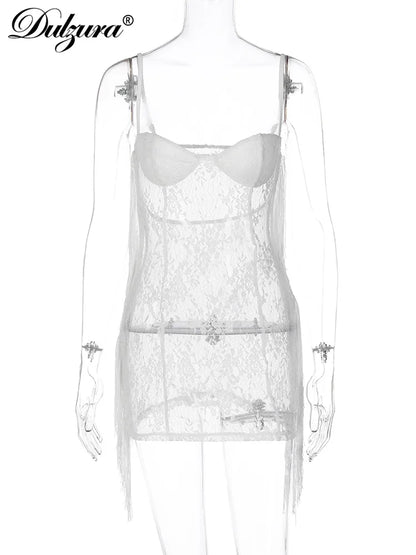 Dulzura – Mini robe en dentelle à franges pour femmes, dos nu, moulante, Sexy, transparente, transparente, tenues Y2K, Streetwear, fête, Club, été, 2023