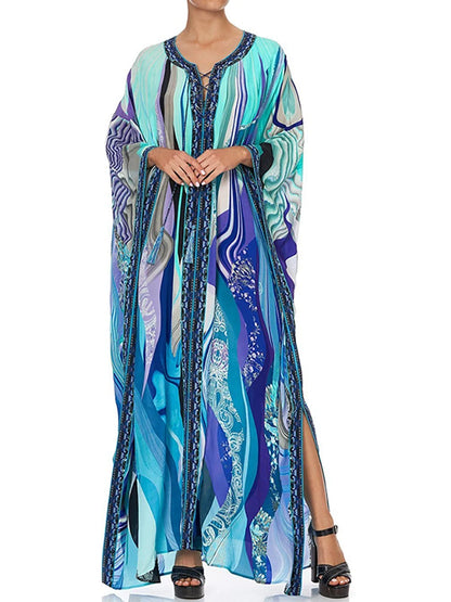 Plage ample couvrir Boho femmes robe noir imprimé vêtements de plage femmes décontracté robe ample paréo caftan robe Bikini couverture