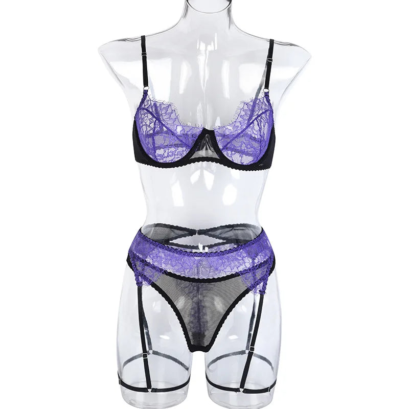 Yimunancy 3-Piece Contrast Color Lace Bra Set Women Sexy Lingerie Set Ladies Purple Panty Underwear Set