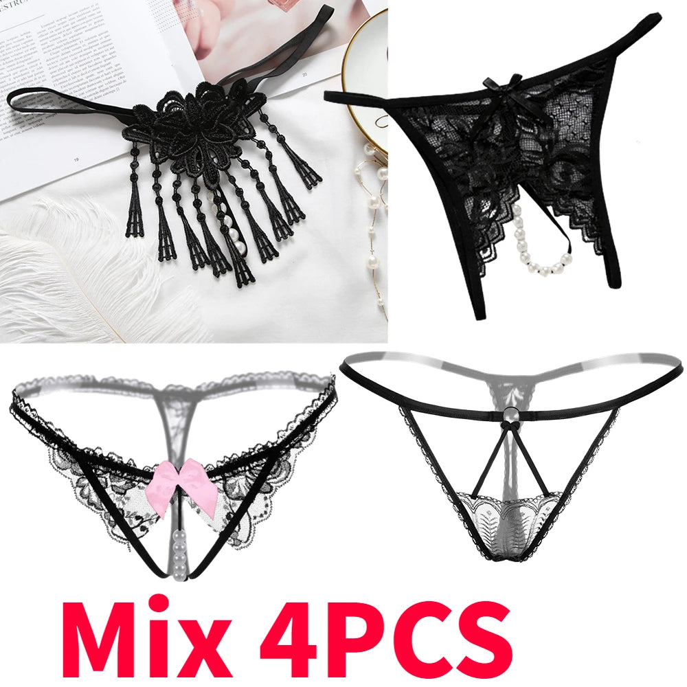 Mélange de 4 pièces de lingerie noire pour femmes, Sexy, dentelle florale, tongs ajourées, culottes pour femmes, perles, string, t-back, Transparent