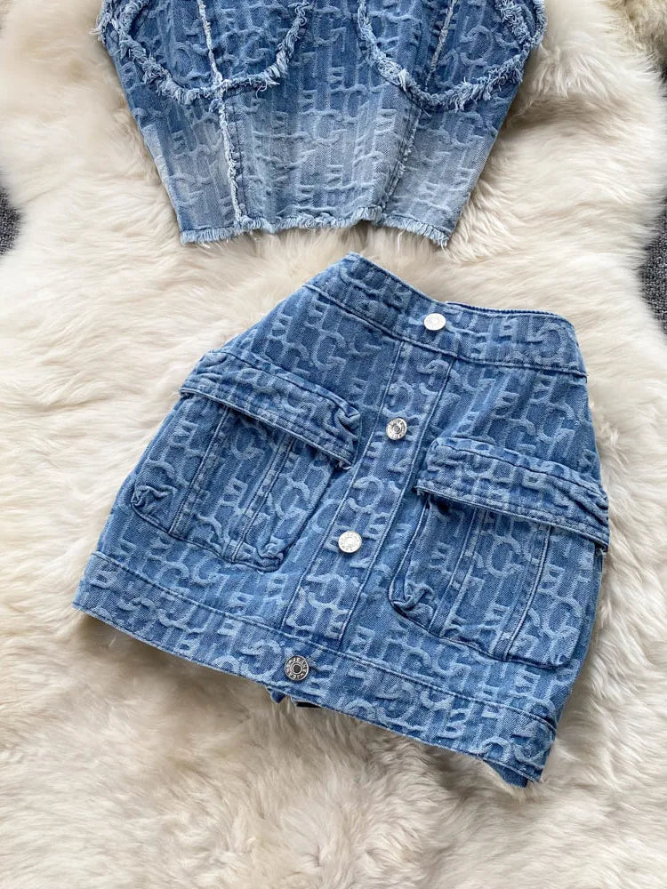 Ensemble en Denim Sexy pour femmes, haut court sans bretelles, fermeture éclair, Mini Short à boutons courts, jupe en jean, costumes deux pièces, été