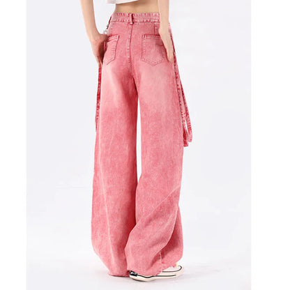 Pink Baggy Cargo Pants Y2K Women High Waist Wide Leg Jeans Hip Hop Vintage Straight Denim Trousers Harajuku Oversized Overalls