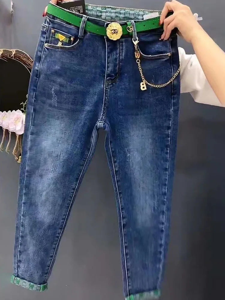 2023 NEW Spring Autumn High Waist Straight Jeans Loose Fit Stretch Haren Denim Pants Ladies Ankle-Length Jeans Pants