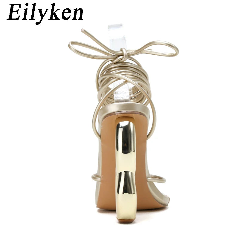 Eilyken Sexy cheville sangle croisée sandales femmes été Banquet mode bout ouvert Club décapant conception Fretwork talons dames chaussures