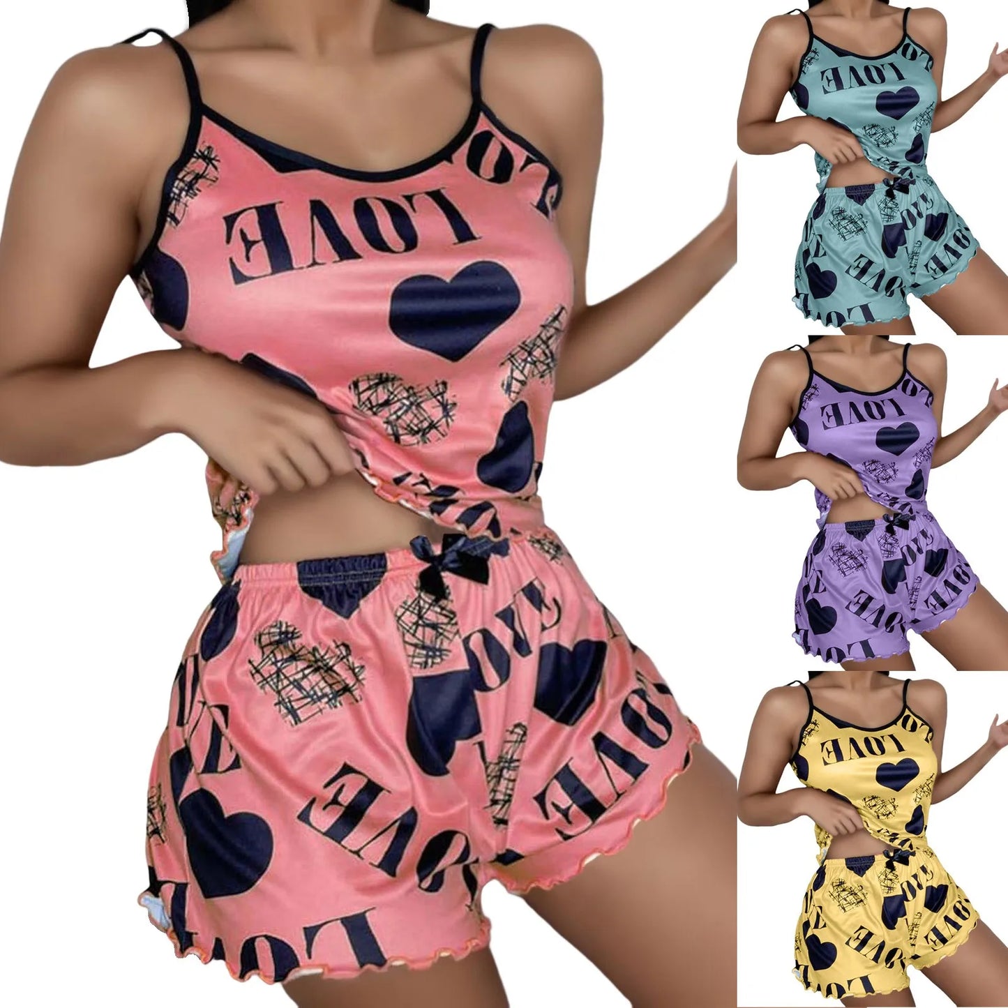 Spaghetti Strap Letter Print Trim Pajama Set Sleeveless Pyjamas Sleep Shorts Set Lace Pijama Suit Sleepwear Women Sexy Nighties