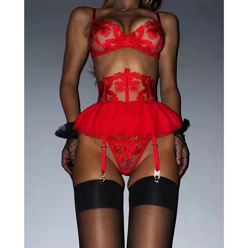 Aduloty Women's Sexy Underwear Set Gauze Skirt Ruffle Puffy Skirt Garter Belt Tight Erotic Lingerie Thin Bra Three-Piece Suit