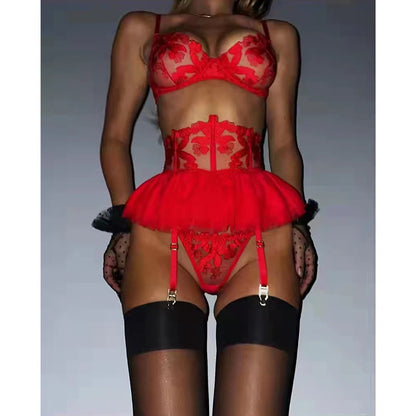 Aduloty Women's Sexy Underwear Set Gauze Skirt Ruffle Puffy Skirt Garter Belt Tight Erotic Lingerie Thin Bra Three-Piece Suit