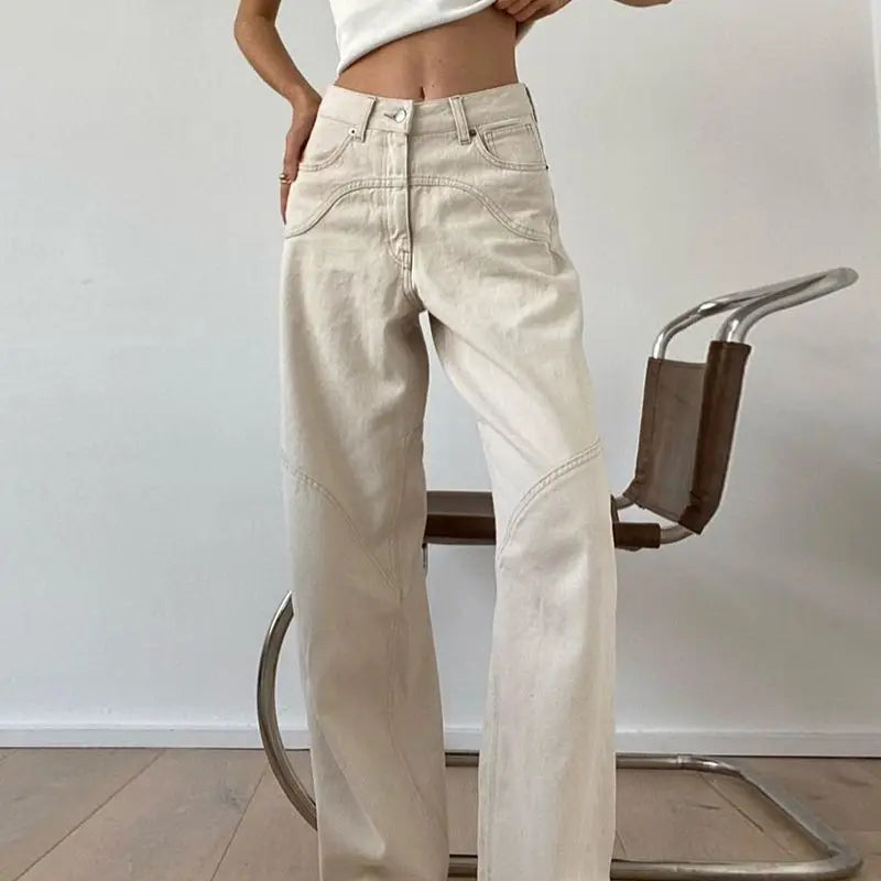 Women Casual Denim Trousers Fashion Beige Jeans Vintage High Waist Wide Leg Pants Classic Streetwear Autumn Ladies