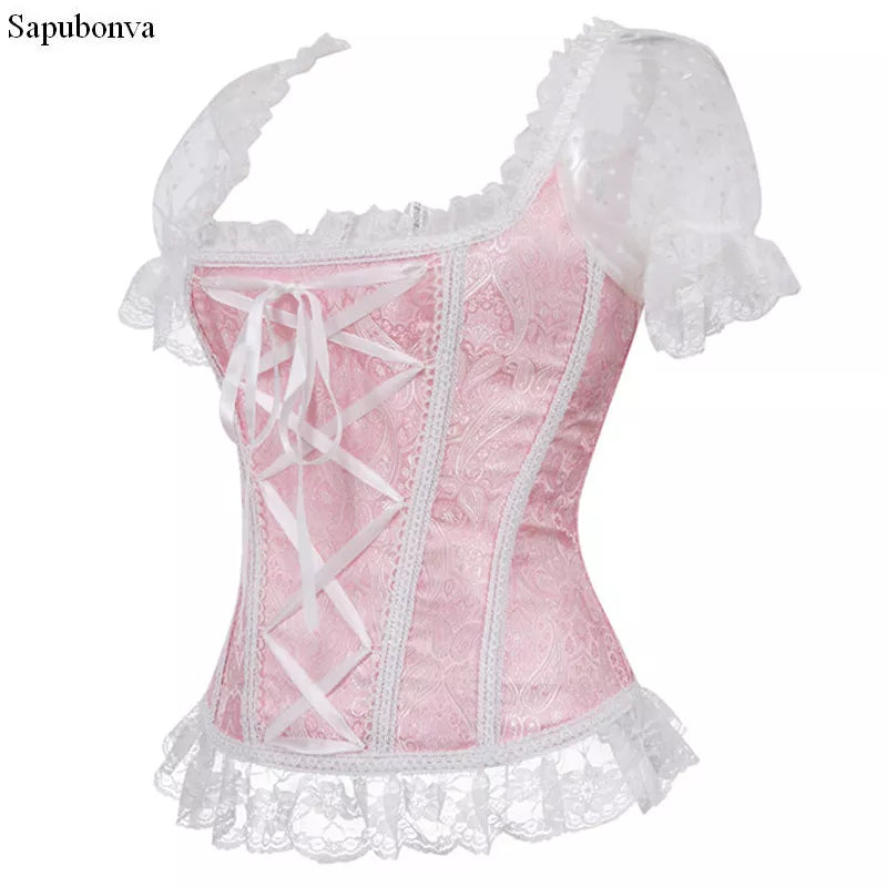 Sapubonva Satin Corsets and Bustiers Gothic Lace Up Vest Overbust Corsets Shoulder Straps Brocade Corselet for Women Steampunk