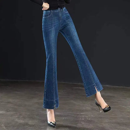 Korean Fashion Women Vintage Flare Jeans Spring Autumn Split High Waist All-match Pants Office Lady Streetwear Casual Trousers