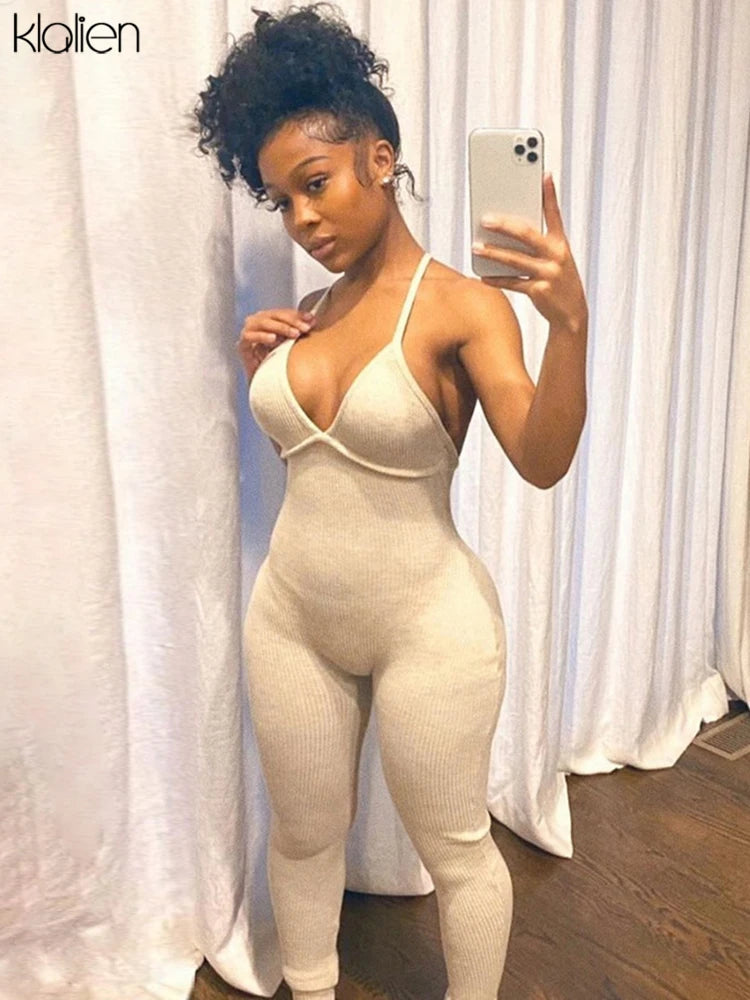 KLALIEN Summer Casual Sport Fitness Streetwear Female Jumpsuit Sexy V Neck Backless Skinny Elastic Jumpsuit Women Yoga Outfit