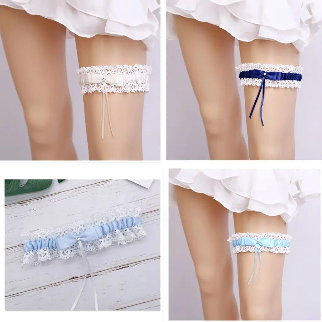 Women Girl  Sexy Bow Princess Cosplay Wedding Party Bridal Lace Floral Blue Leg Ring Loop Stocking Garter Belt Wedding