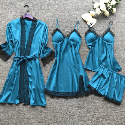 New Sleepwear Silk Women Nightdress Lace Dress Robe Pajamas Set Satin Underwear for Women Full Coverage Negligee Lingerie Sexy