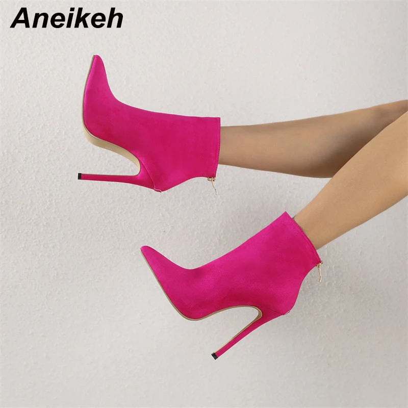 Aneikeh 2024 ใหม่ผู้หญิงข้อเท้ารองเท้าเซ็กซี่ Pointed Toe ส้นสูงบางซิปสุภาพสตรีชุดงานแต่งงานรองเท้า Rose สีแดงขนาด 35-42