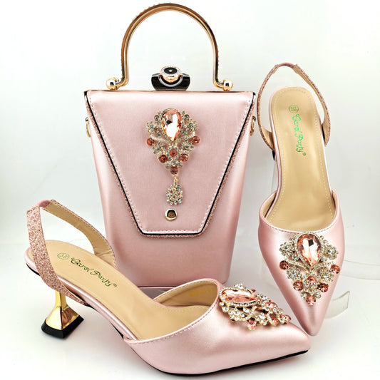 QSGFC Newest Noble and Elegant Classic vintage rhinestone accessories Ladies Shoes and Bag Set in Gold Color