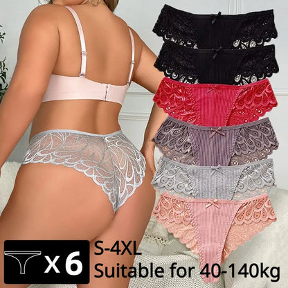 6PCS Women Plus Size Panties Sexy Lace Thongs G-string Women Underwear Low-rise Female Briefs Ladies Underpants Sexy Tangas 4XL