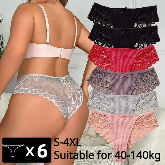 6PCS Women Plus Size Panties Sexy Lace Thongs G-string Women Underwear Low-rise Female Briefs Ladies Underpants Sexy Tangas 4XL