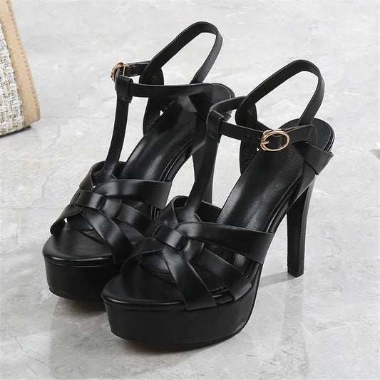 2023 Summer Sexy Soft Leather Platform Sandals Women High Heels T-Buckle Party Pumps Black Stiletto Open Toe Ladies Dress Shoes