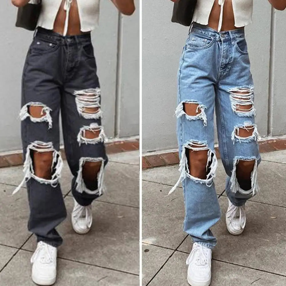 Women Jeans Zipper Fly Wide Leg Lady  Denim Pants High Waist Women Denim Trousers No Stretch Women Ripped Loose Fit Jeans